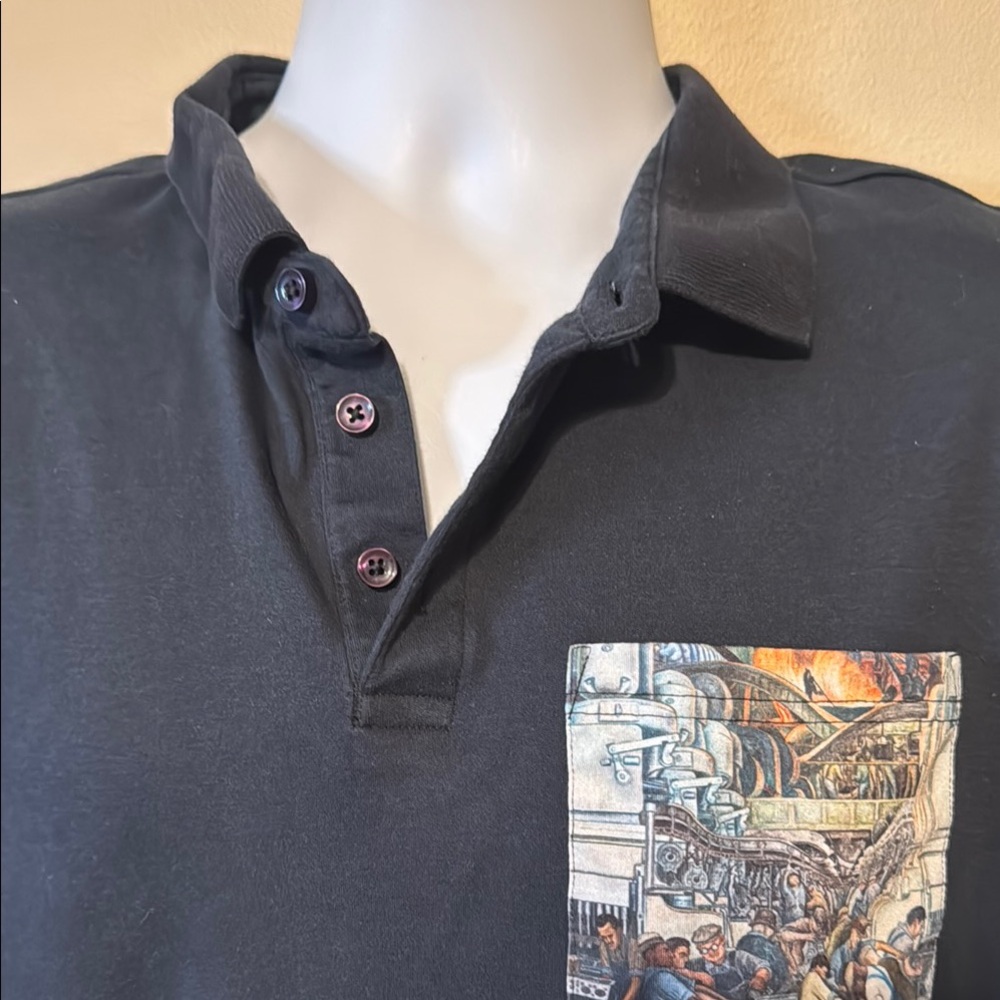 Classic Black Polo Shirt with Diego Rivera Mural Pocket - Picture 4 of 9